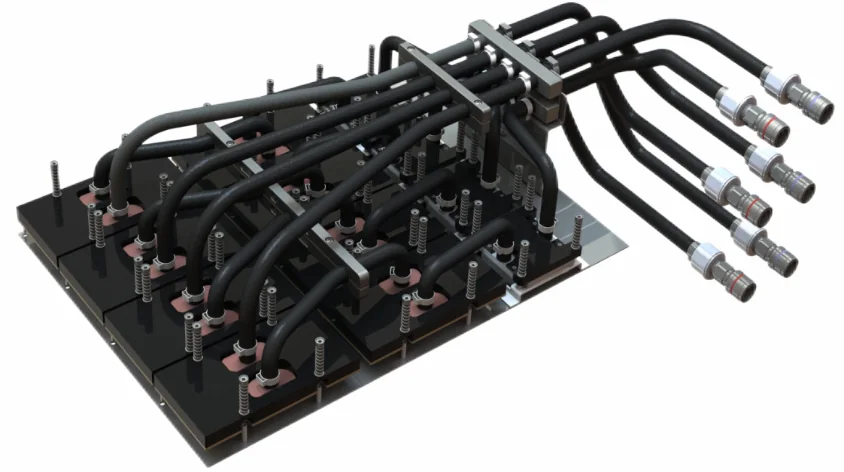 Multi-GPU cold plate assembly with black modules, parallel hoses, spring-loaded mounting points, a hose support, and quick disconnect fittings