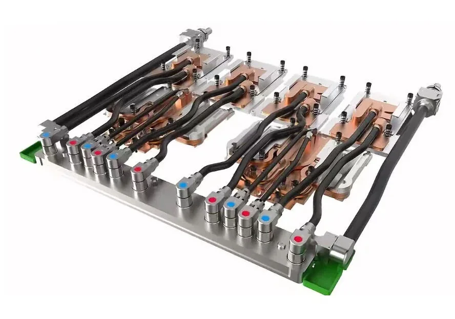 GPU server liquid cooling tray with multiple cold plates, black hoses, a distribution block, and red and blue marked quick disconnects