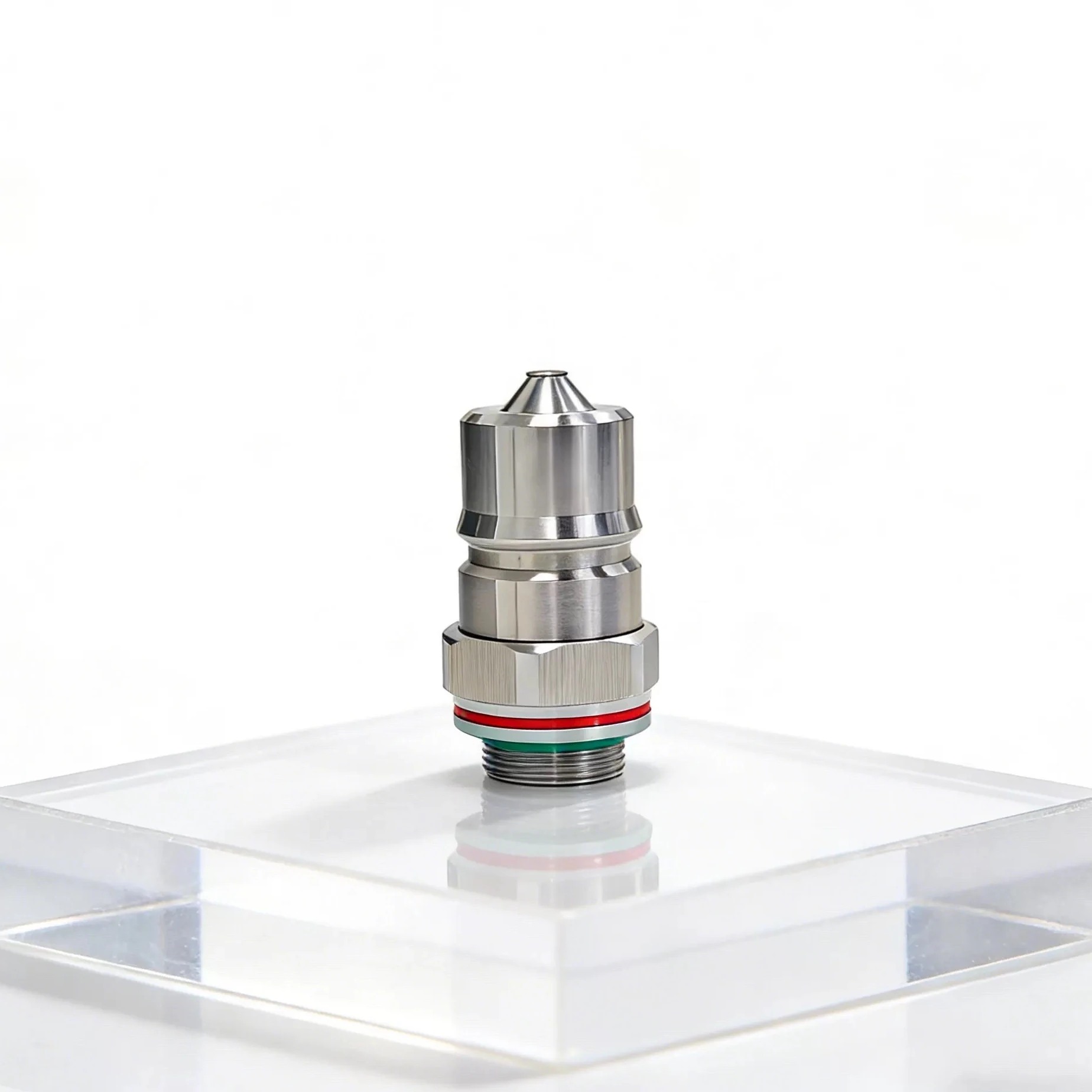 Polished stainless steel non-spill liquid-cooling quick-disconnect coupler with a male threaded base and colored sealing rings